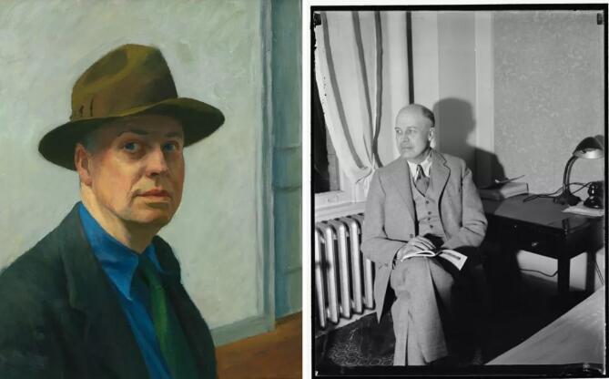 （左）爱德华·霍普，《自画像》（Self Portrait），1925-1930，惠特尼美国艺术博物馆馆藏（右）Harris & Ewing，《爱德华·霍普，纽约艺术家》，约1937年