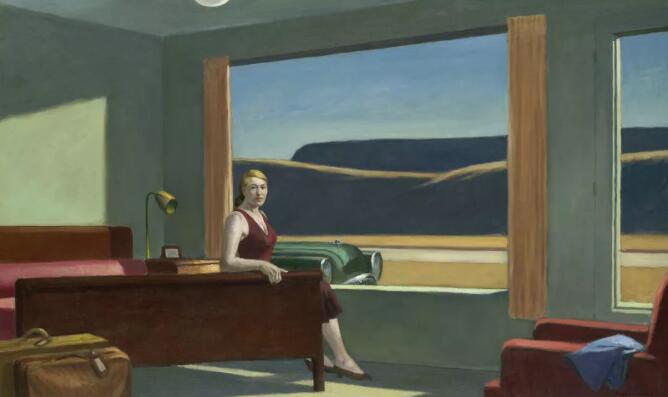 爱德华·霍普，《韦斯特汽车旅馆》（Western Motel）,1957， © Edward Hoppe 图片致谢耶鲁大学美术馆