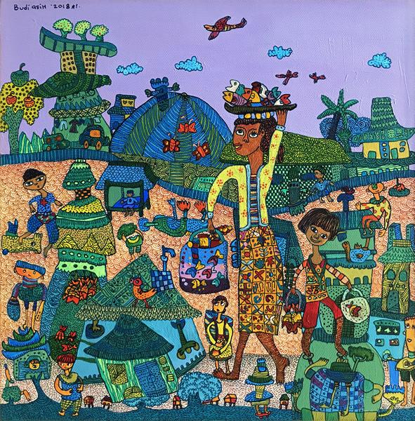 Art Xchange Gallery from Malaysia, Budi Asih, Fishmonger, 2018, Acrylic & Ink on Canvas, 30x30cm