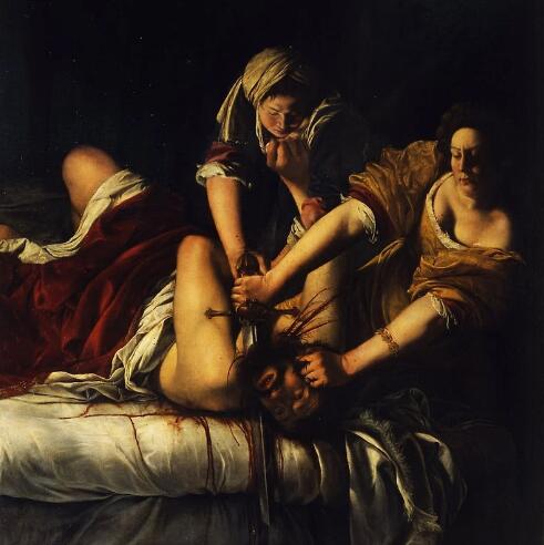 《朱迪斯与赫罗弗尼斯》（Judith and Holofernes），创作于1621年左右，现藏于佛罗伦萨乌菲兹美术馆——阿尔泰米西娅•真蒂莱斯基的许多作品都被解读为复仇之作。