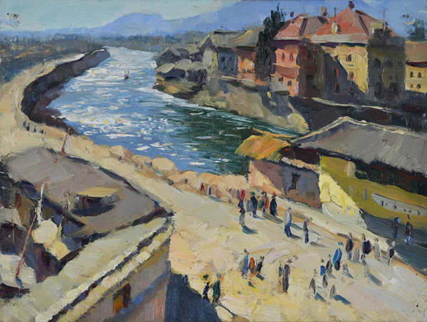 《从得胜桥看盘龙江》,23×30cm,纸本油画,1975