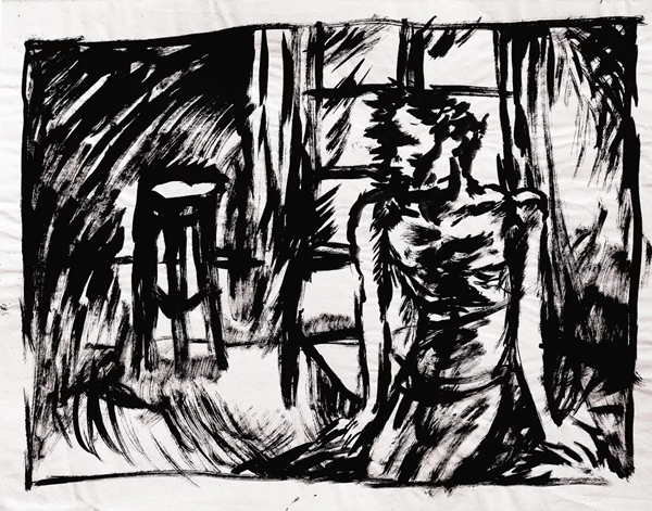 《自画像和圆凳》,27×37cm,纸本水墨,1987