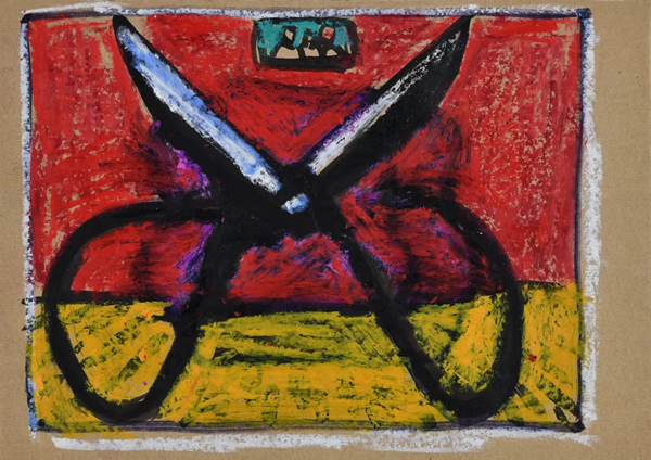 《剪刀和沙发》, 20×27cm,牛皮纸本油画棒,1995