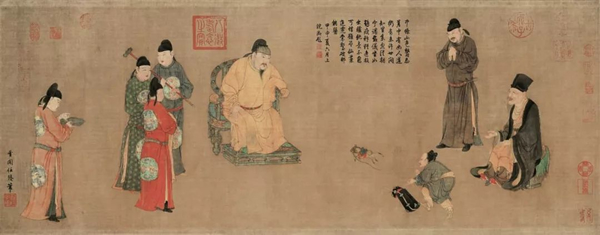 任仁发《张果见明皇图卷》（局部），绢本设色，元代41.5×107.3cm 故宫博物院典藏。此图中，唐明皇的坐椅即为一张圈椅，其形式与之后明式圈椅近似。