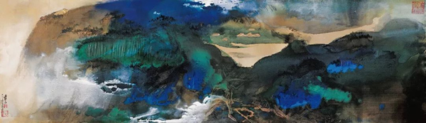 张大千《爱痕湖》，彩墨、纸本，76.2×264.2cm，1968年作。