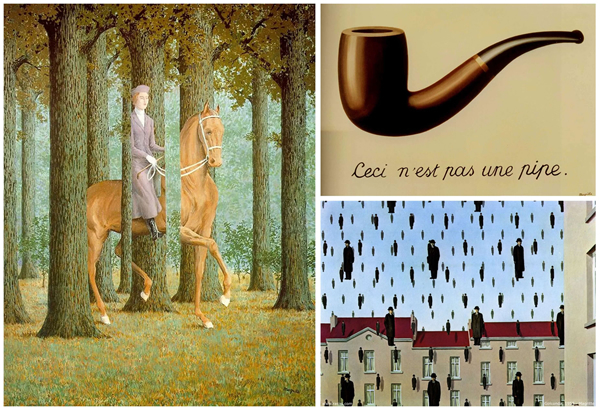 贺内．马格利特(René Magritte)，（左）空白支票，（右上）形象的叛逆，（右下）Golconda。图/取自wikimedia