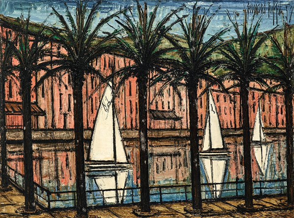 贝尔纳．毕费《椰林帆影港湾风情》1957 油彩 画布 97 x 130 cm