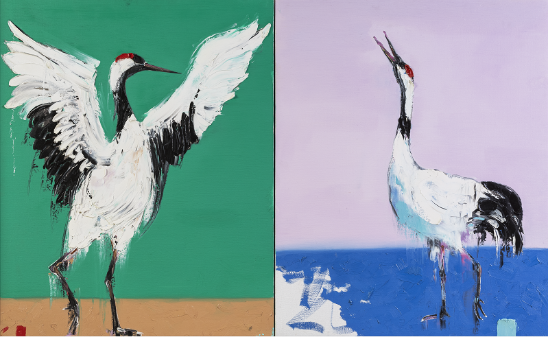丹顶鹤The Red-crested Cranes（双联画 Diptych）100×160 cm布面油画Oil on Canvas杰迈勒•阿卜杜拉希姆•穆罕默德•阿卜杜拉赫曼Jamal Abdulrahim Mohamed Abdulrahman巴林Bahrain伊春Yichun2012