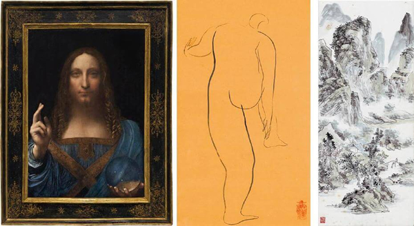 达文西｜救世主文艺复兴时期；常玉｜裸女素描43x27cm；黄宾虹｜幽径春深(局部) 100x32cm