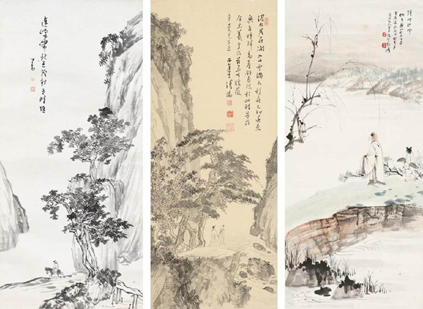 溥心畲｜骑驴高仕121x57cm；溥心畲｜山涧采薇91x37.5cm；张大千｜溪畔行吟84x37cm