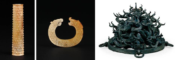 战国黄玉谷纹勒子；战国黄玉龙纹璜；战国曾侯乙建鼓底座(湖北省博物馆藏)
