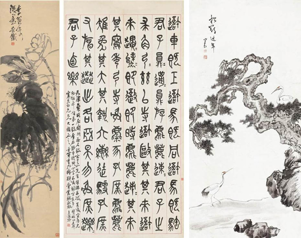 吴昌硕｜泼墨荷花135x33cm；吴昌硕｜书法「节临石鼓文」177.5x89cm；溥心畲｜松鹤延年118x56cm