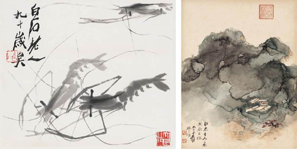 齐白石｜群虾图29x34cm；张大千｜百福泼彩41x32cm