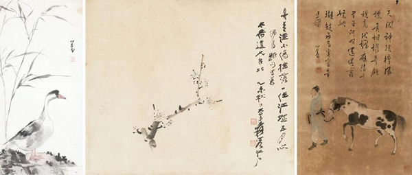 溥心畲｜汀洲野雁59x28cm；张大千｜一剪梅36x42.3cm；溥心畲｜拟赵承旨奚官牵马图56x36cm 