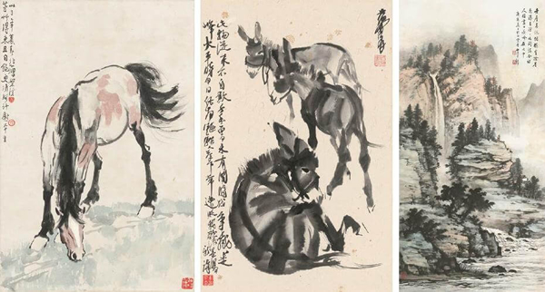 徐悲鸿｜芳草自饱59x39.5cm；黄胄｜三驴图67x44cm；黄君璧｜飞瀑玉淙120x60cm