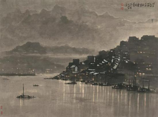 　《重庆夜景》宗其香水墨设色41× 55.5 cm1944年