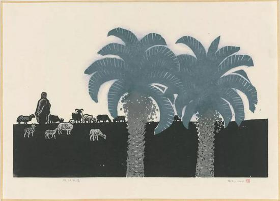 　　《北非风情》古元水印套色木刻39×55.1cm1988年