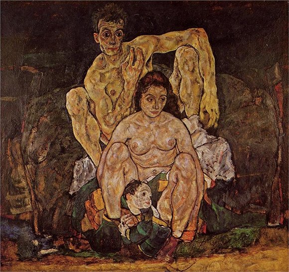 席勒，家人，1918。描绘了席勒与妻子及其即将出生的孩子，这幅作品至席勒去世依然未完成