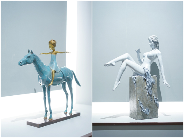 艺术家俞科《以梦为马--平衡》45×33×16cm 铸铜（左）；艺术家刘星麟《荆棘鸟NO.2》73×55×25cm 铸铜（右）