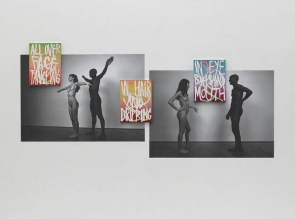 Tangling In Hair 2013 Two black and white posters and three oil on wood paintings Overall dimensions: 42 15/16 × 94 7/8 × 1 in. (109 × 241 × 2.5 cm)