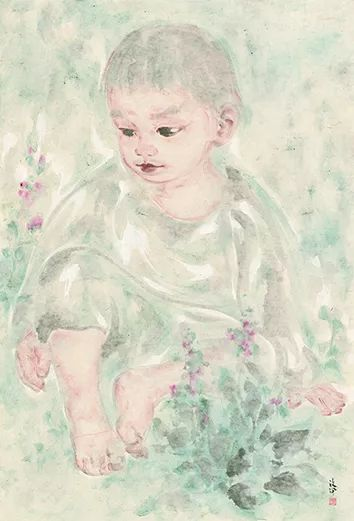 潘汶汛 花草小童    75×110cm   纸本水墨   2017