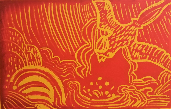 新秀奖：《精卫填海》，王欣语（11岁），版画，27×39厘米，2018年。图片拍摄：Tina Z