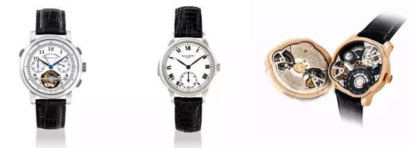 上图自左往右：朗格，铂金腕表；百达翡丽，铂金自动上弦腕表；高珀富斯，18k红金腕表