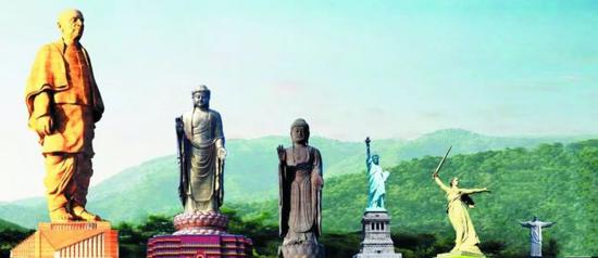 著名巨型雕像对比图，左起：印度“统一雕像”、河南中原大佛、日本牛久大佛、纽约自由女神像、伏尔加格勒《祖国母亲在召唤》雕像、里约热内卢基督山雕像
