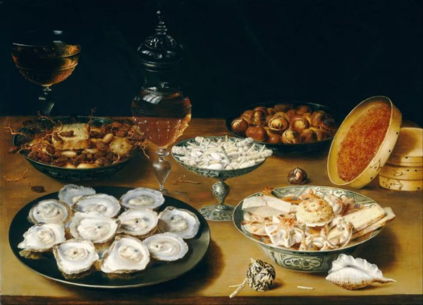 Osias Beert，Dishes with Oysters, Fruit, and Wine，1615