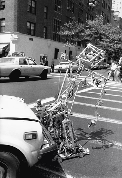 Staged accident with Robot K-456 in front of the Whitney Museum of American Art, New York, 1982. Photo: courtesy Nam June Paik Estate