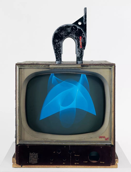 Nam June Paik, Magnet TV, 1965, television (black and white, silent) with magnet, 28 3/8 × 19 1/4× 24 1/2 inches (72 × 48.9 × 62.2 cm), Whitney Museum of American Art, New York, Purchased with funds from Dieter Rosenkranz. Photo: Robert E. Mates