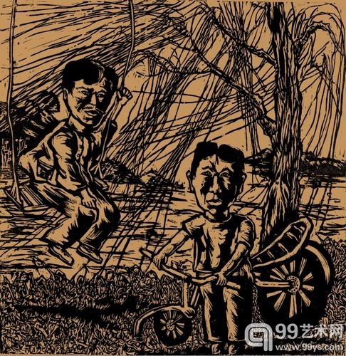 蔡志勇 黑白木刻 《和谐》 40x40cm 2007年