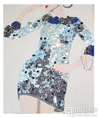 李永飞  综合材料 绢本《蓝衣服》 113cmx90cm