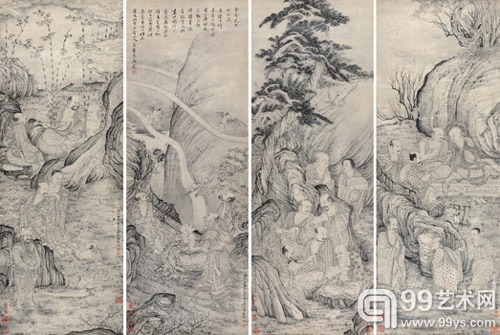 石涛 五百罗汉图 四屏 水墨纸本 1666年作 105×39cm×4