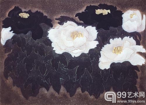 郑爽 黑牡丹白牡丹 74x55cm 木刻1984