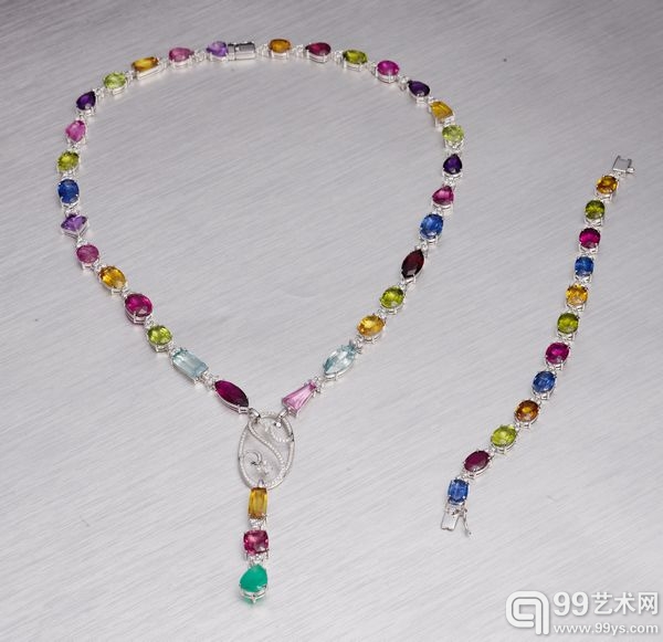 彩宝钻石18K金项链手链套装
