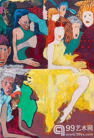 城市众生相《拥抱》 1968，丙烯纸本，102 x 152 cm