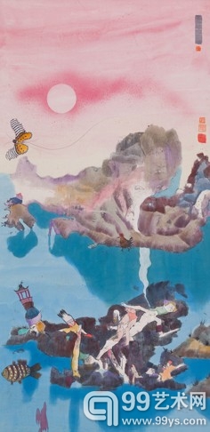 奇幻风景《有风蛾的风景》 1975，水墨设色纸本，151 x 75.5 cm