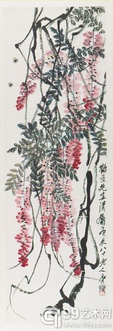 齐白石 《紫藤萝蜜蜂》 设色纸本镜框 一九四零年作 149x48.5cm 