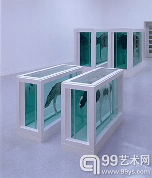 Damien Hirst(达米安· 赫斯特)用钢符、复合玻璃增强聚丙烯、硅、密封剂、奶牛小牛等创作的作品〈〈母与子 分离的〉〉，1995