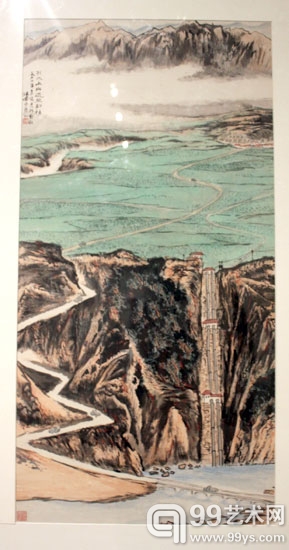 陆俨少《引水上山送斐到社》中国画，139×68cm，1964年，上海中国画院藏