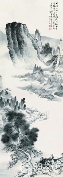 张大千 赠李秋君晚波渔艇图 354×130cm
