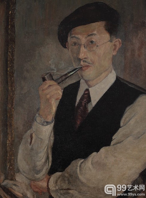 持烟斗的自画像，油画，63x44cm,1944