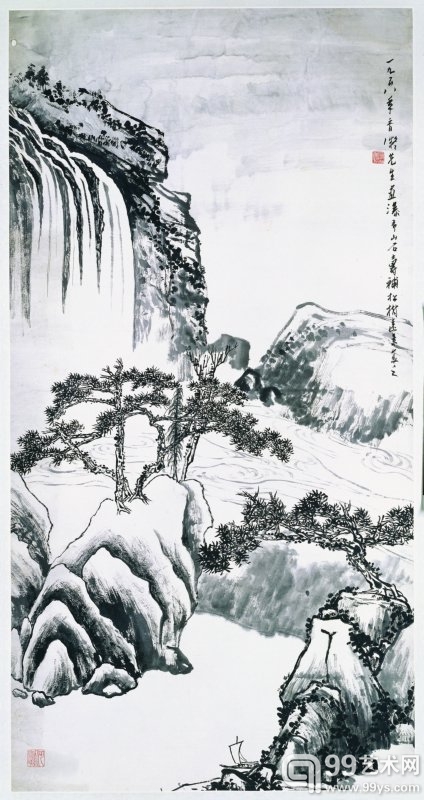 长瀑山石，何香凝、潘天寿，1958年，132×68cm，水墨纸本.jpg