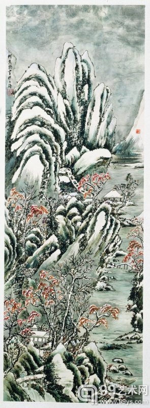 红枫雪景，1930年代，108×38cm，设色纸本.jpg