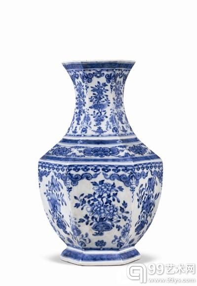 清中期青花折枝花果六方瓶 H47cm