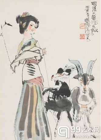 程十发 少女与羊