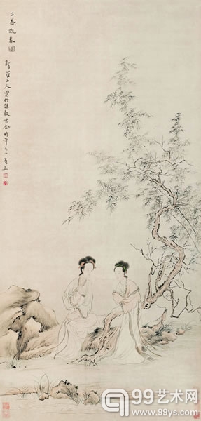 华嵒《二乔玩春图》131×62cm