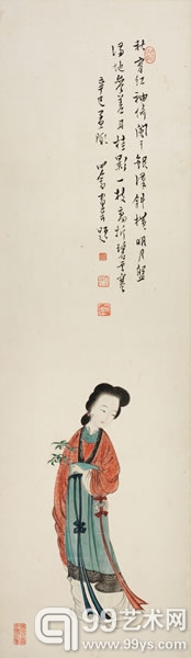 溥儒 红袖凭栏 镜片 设色纸本 95×28cm