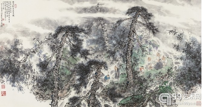 王明明《 陆羽松泉品茗图》 96.5×181 cm 2005年作